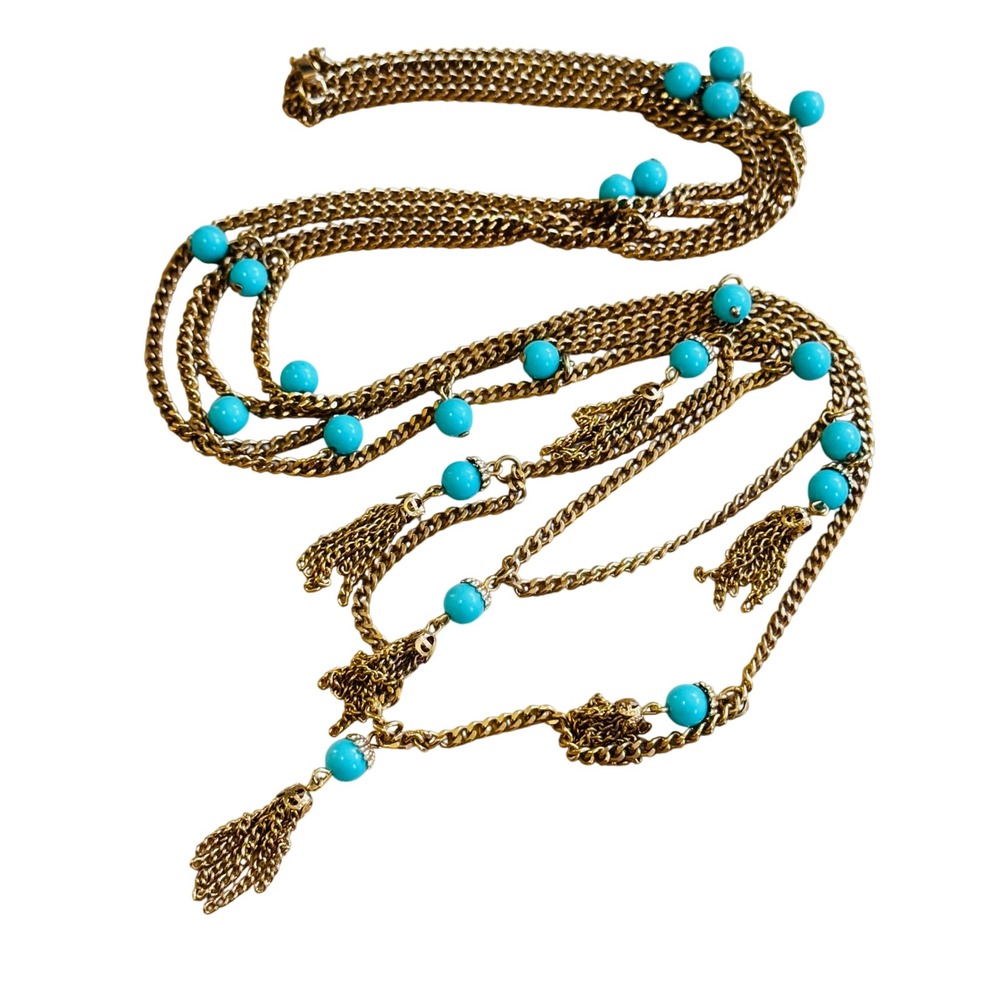VTG Retro 60s Lucite necklace Blue Beaded Groovy Flapper Chain Opera Long 41"